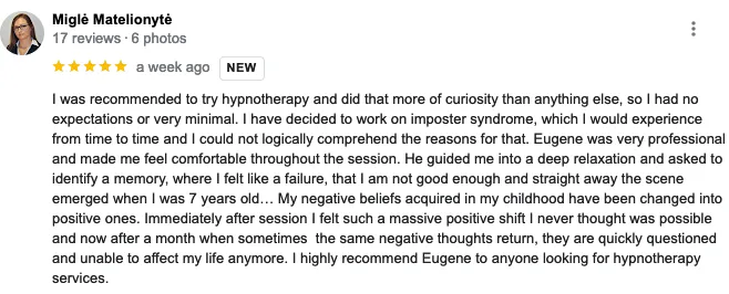 5-Star Google review on how hypnotherapy solved Migle's imposter syndrome